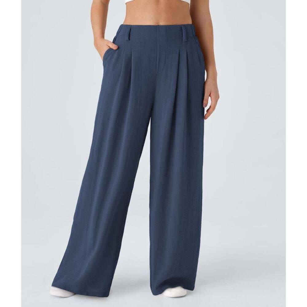 Halara Wide Leg Flowy Solid Palazzo Casual Linen Feel Pants Sec Blue XL petite